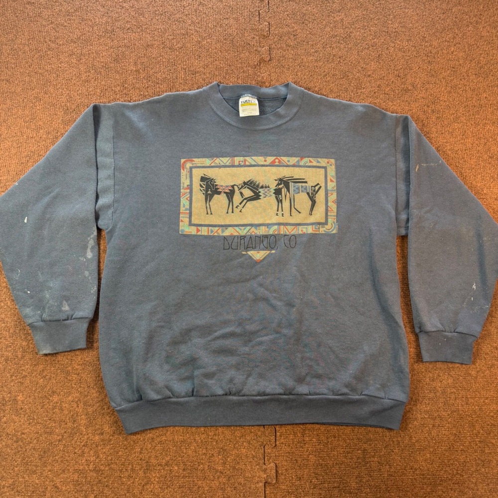 Vintage Tultex Durango Colorado Horse Graphic Sweatshirt Navy Blue Large 90s